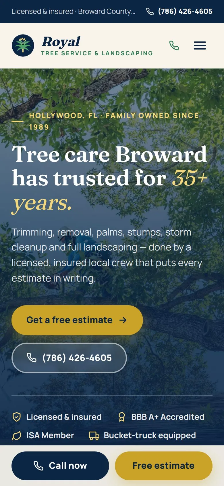 Royal Tree Service site on a phone, with a sticky call bar