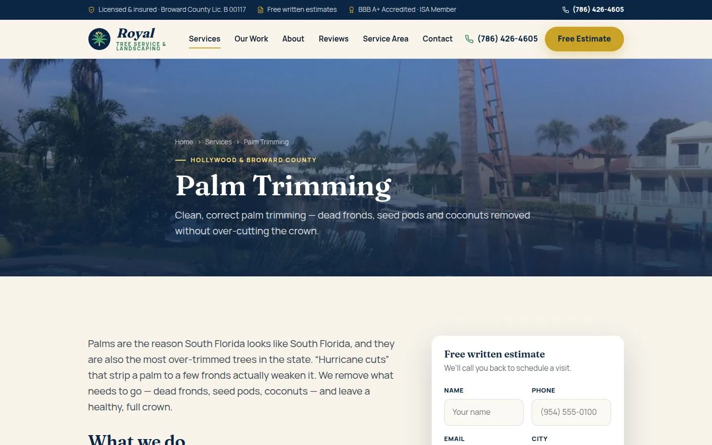 Palm trimming service page with an estimate form
